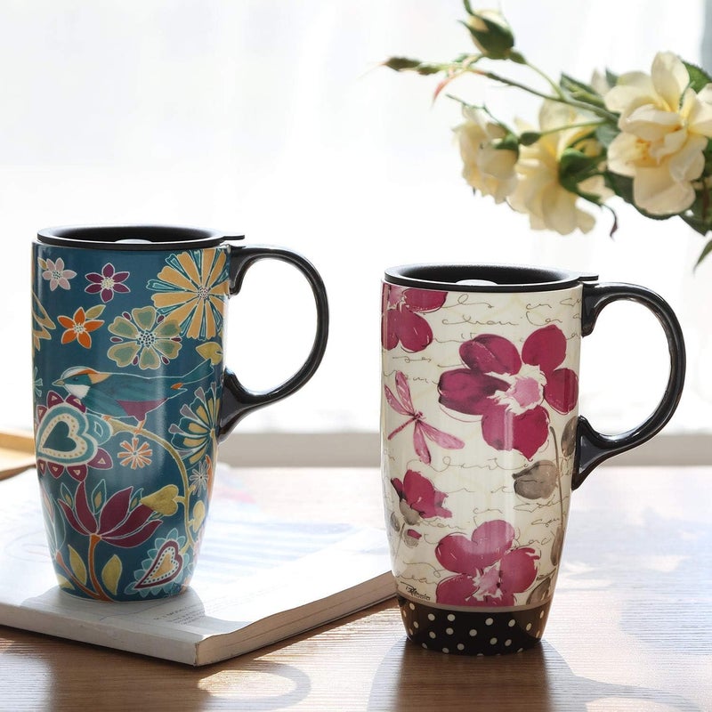 Topadorn 17 oz Tall Ceramic Latte Mug Coffee Cup with Handle Sealed Lid Coffee Mug, Set of 2, Mother's Day Gift - Image 2